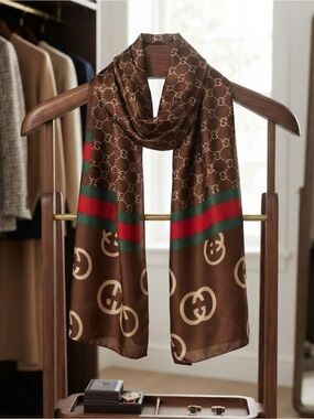 Gucci Brown Silk Scarf with Green and Red Web Stripe